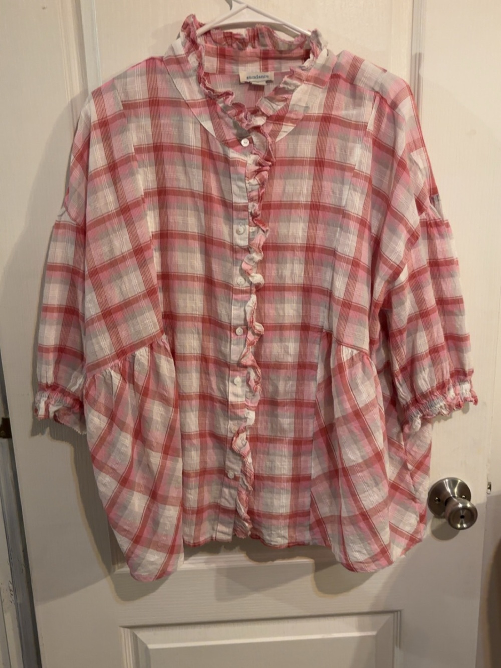 Sundance Janis Pink Plaid Ruffle Blouse size XL